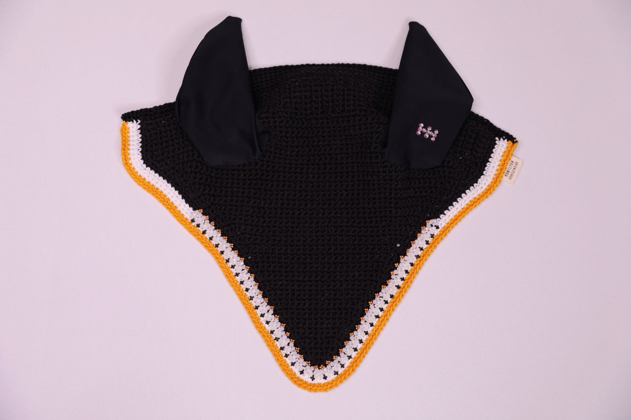 Black Horse Bonnet - Handmade crochet white and yellow trim with Swarovski crystals and hand beadwork with crystals.