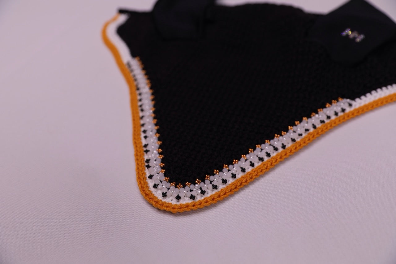 Black Horse Bonnet - Handmade crochet white and yellow trim with Swarovski crystals and hand beadwork with crystals.