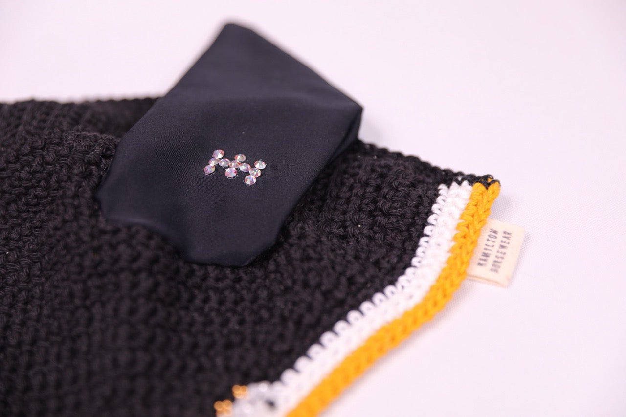 Black Horse Bonnet - Handmade crochet white and yellow trim with Swarovski crystals and hand beadwork with crystals.