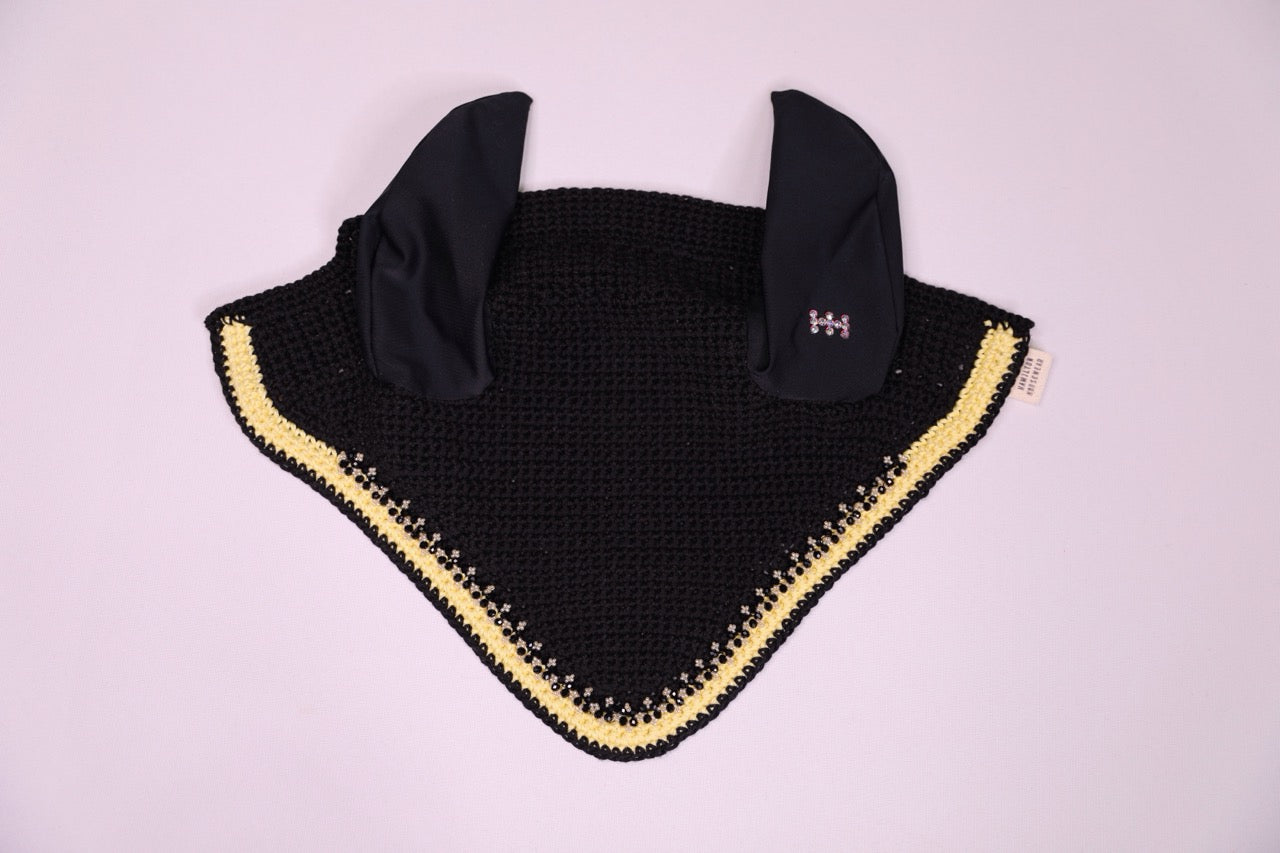 Black Horse Bonnet - Handmade crochet yellow and black trim with Swarovski crystals and hand beadwork with crystals.