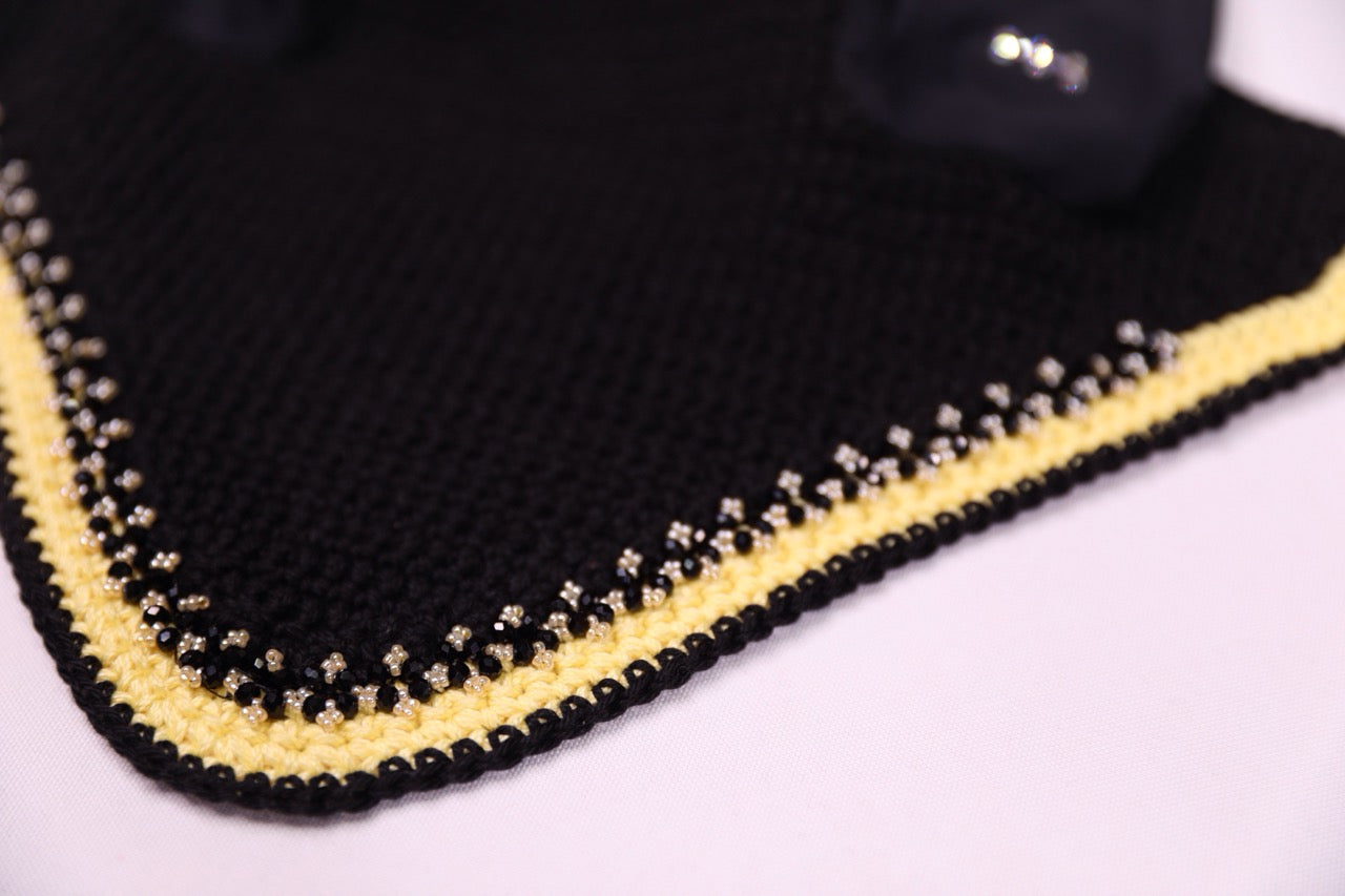 Black Horse Bonnet - Handmade crochet yellow and black trim with Swarovski crystals and hand beadwork with crystals.