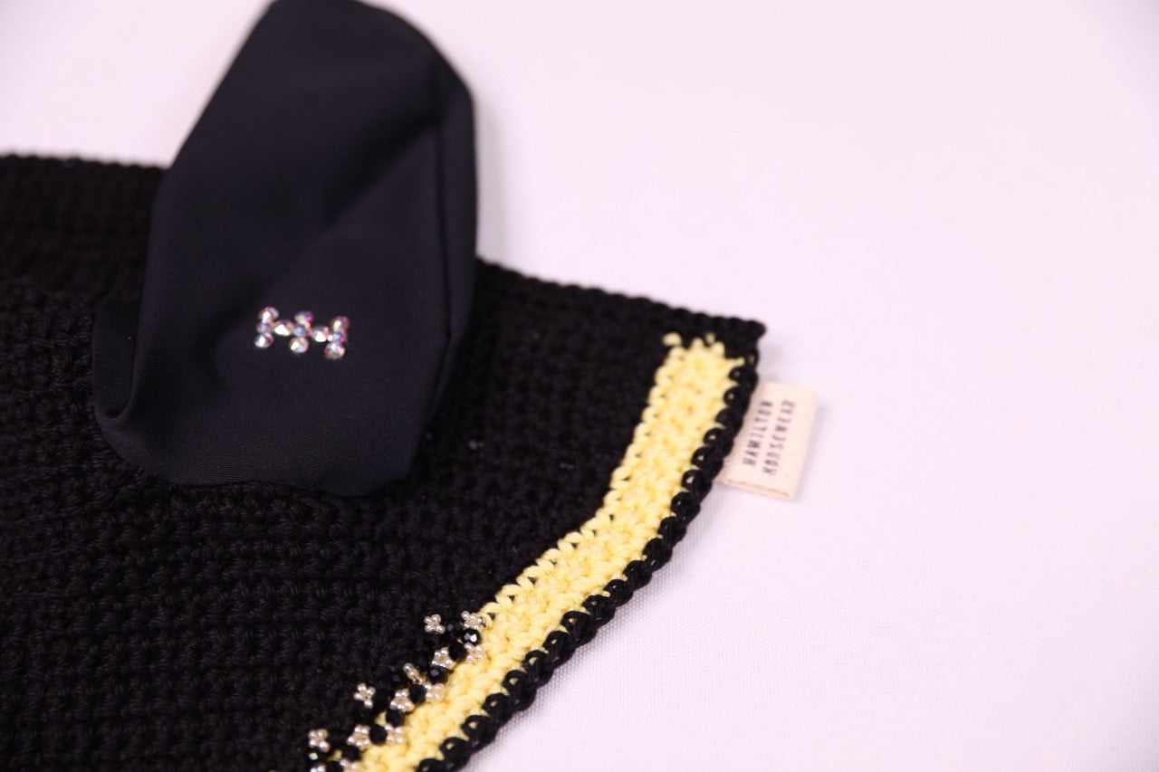 Black Horse Bonnet - Handmade crochet yellow and black trim with Swarovski crystals and hand beadwork with crystals.