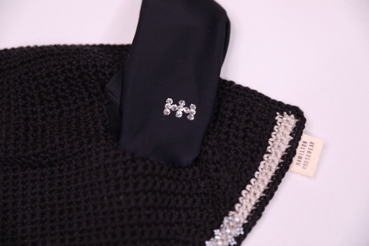Black Horse Bonnet - Handmade crochet silver and black trim with Swarovski crystals and hand beadwork with crystals.