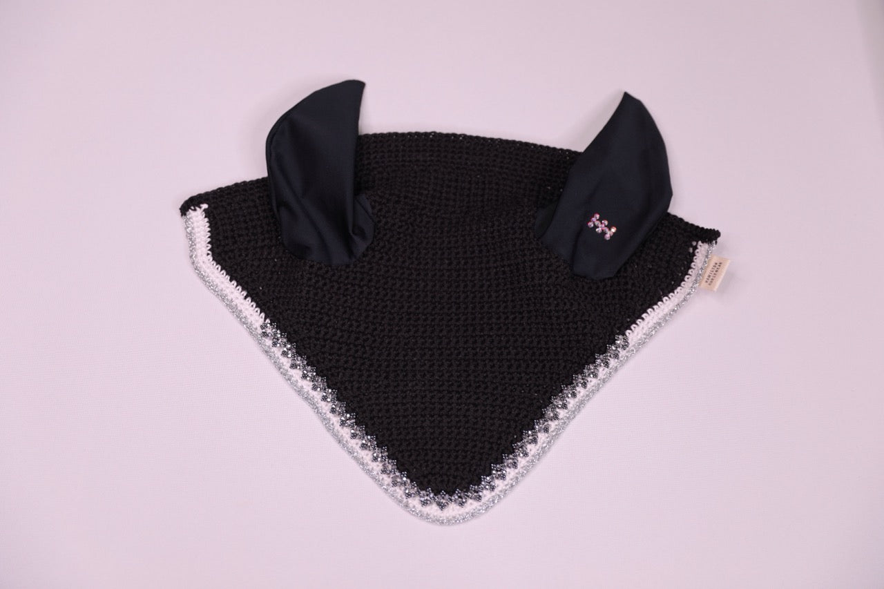 Black Horse Bonnet - Handmade crochet white and silver trim with Swarovski crystals and hand beadwork with crystals.