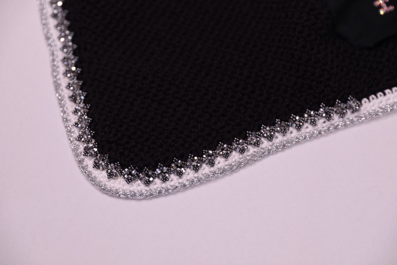 Black Horse Bonnet - Handmade crochet white and silver trim with Swarovski crystals and hand beadwork with crystals.