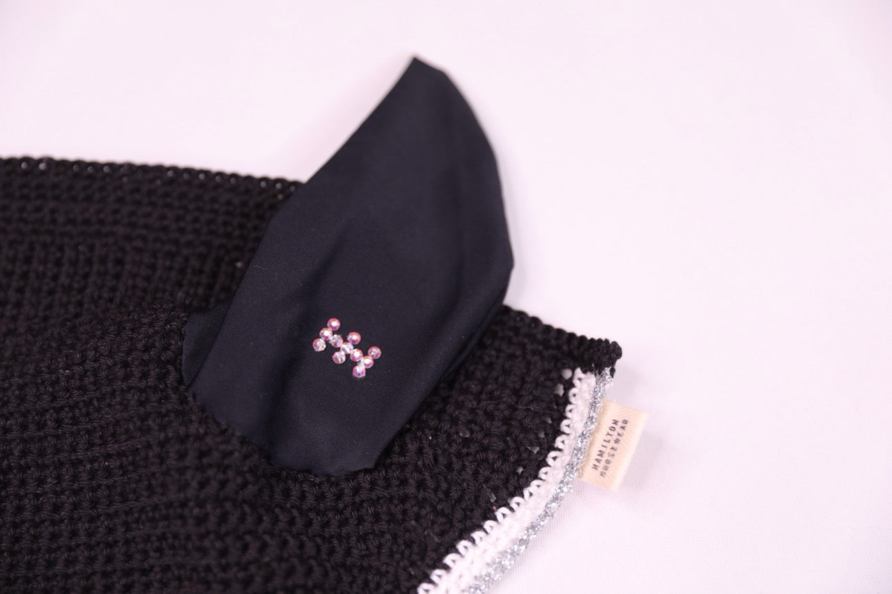 Black Horse Bonnet - Handmade crochet white and silver trim with Swarovski crystals and hand beadwork with crystals.