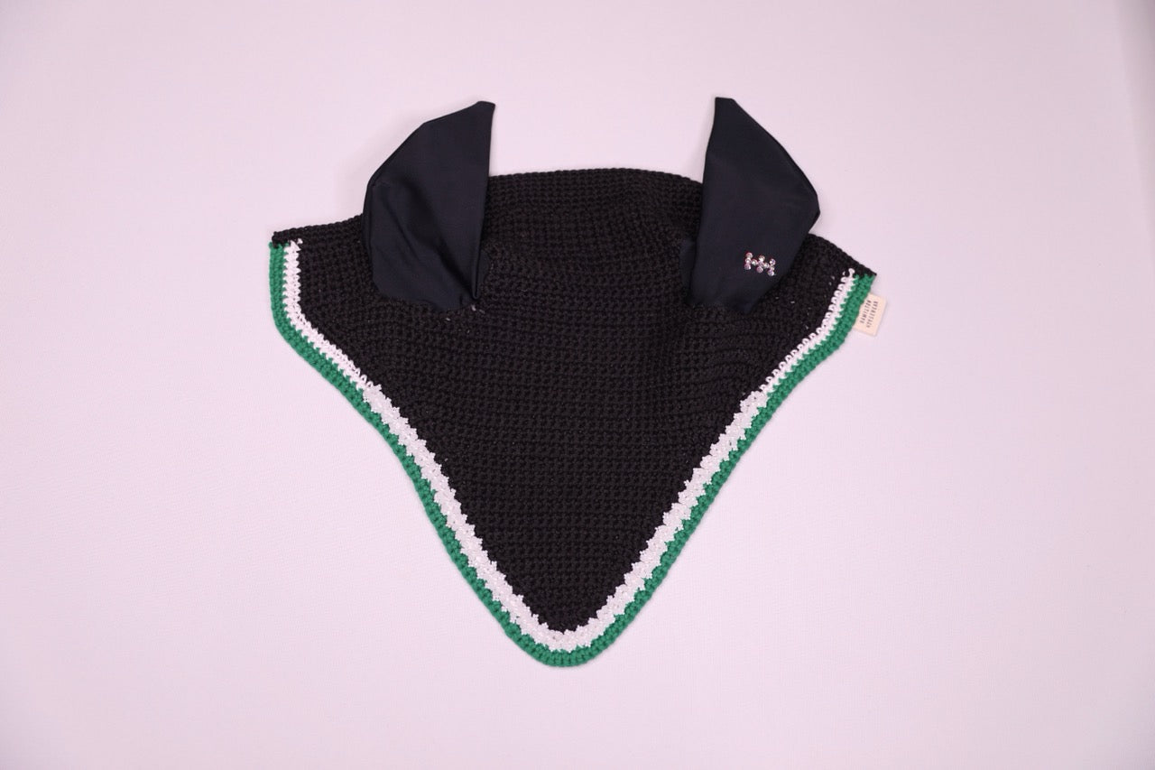 Black Horse Bonnet - Handmade crochet white and green trim with Swarovski crystals and hand beadwork with crystals.