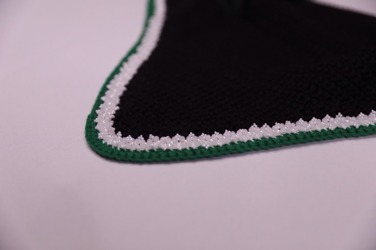 Black Horse Bonnet - Handmade crochet white and green trim with Swarovski crystals and hand beadwork with crystals.