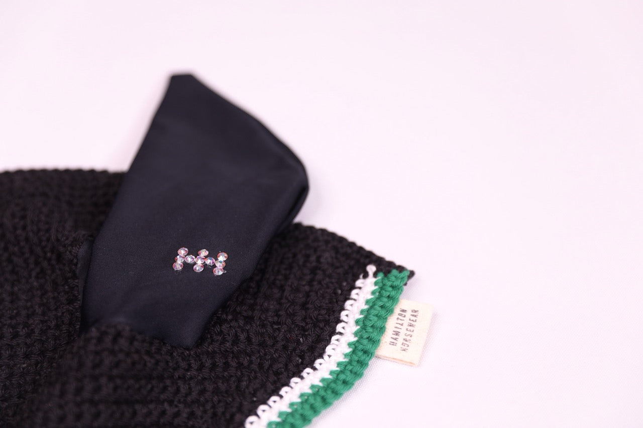 Black Horse Bonnet - Handmade crochet white and green trim with Swarovski crystals and hand beadwork with crystals.