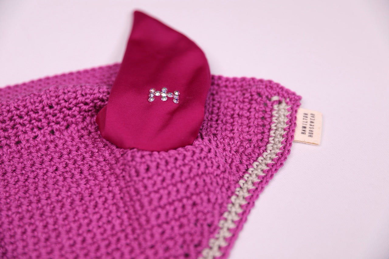 Berry Horse Bonnet - Handmade crochet silver and berry trim with Swarovski crystals.