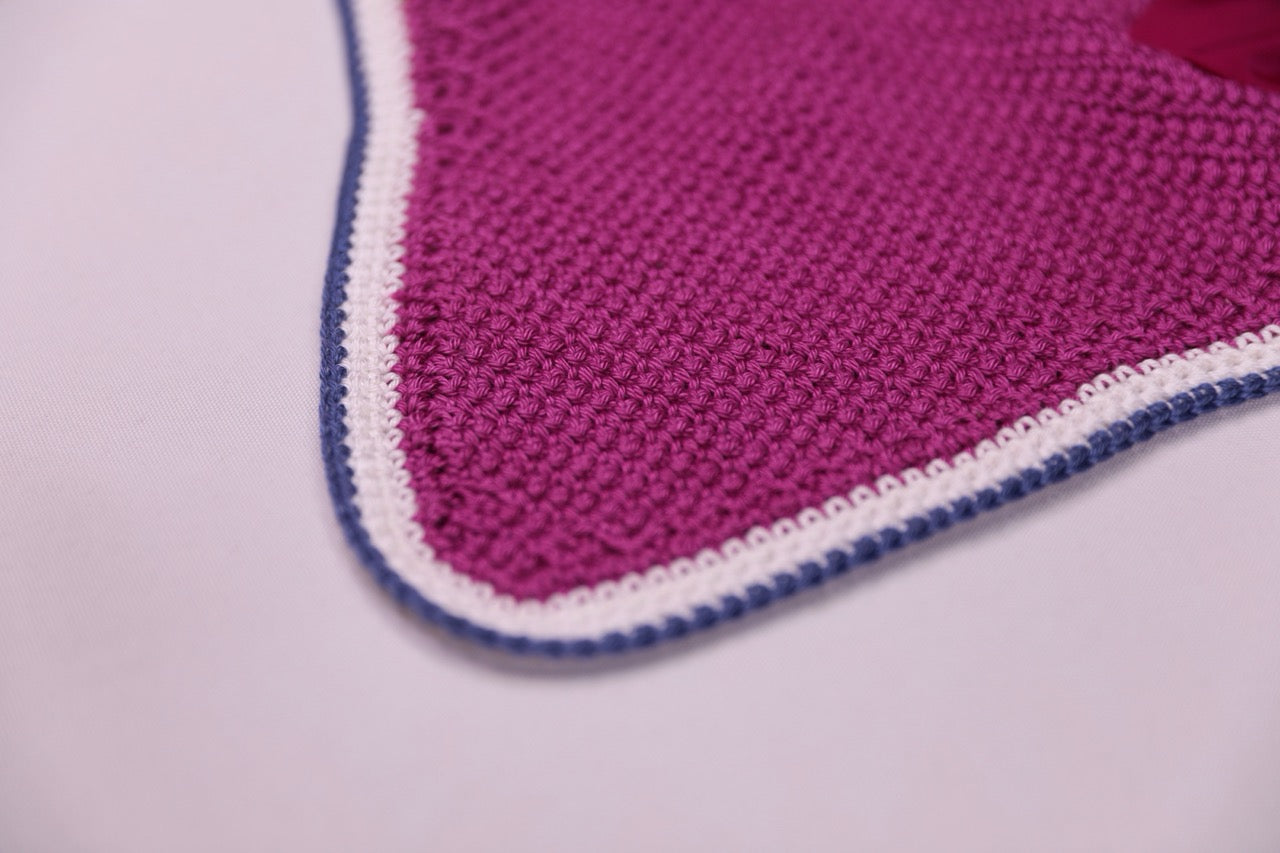 Berry Horse Bonnet - Handmade crochet white and blue trim with Swarovski crystals.