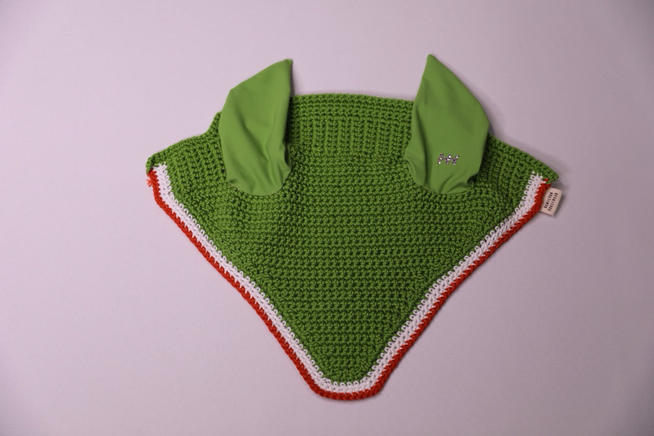 Green Horse Bonnet - Handmade crochet white and orange trim with Swarovski crystals.