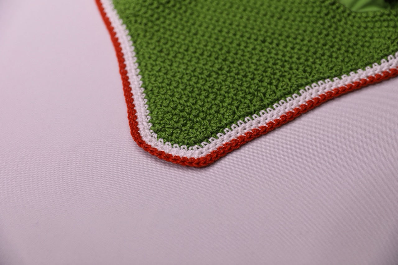 Green Horse Bonnet - Handmade crochet white and orange trim with Swarovski crystals.
