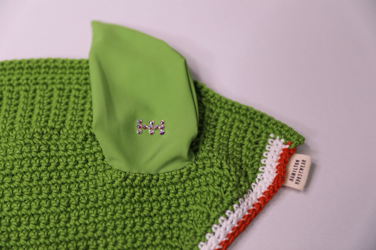 Green Horse Bonnet - Handmade crochet white and orange trim with Swarovski crystals.