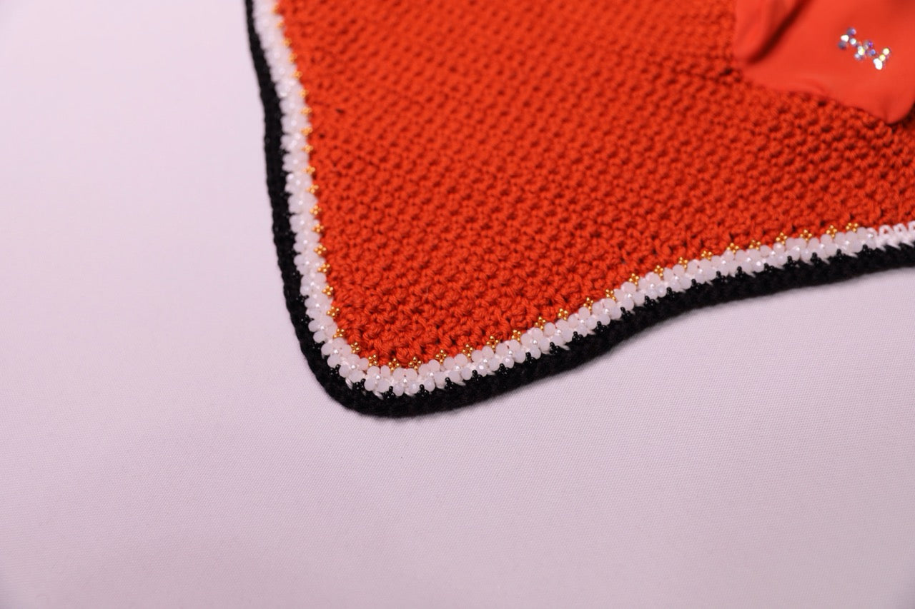 Varsity Edition Orange Horse Bonnet - Handmade crochet white and black trim with Swarovski crystals and hand beadwork with crystals.