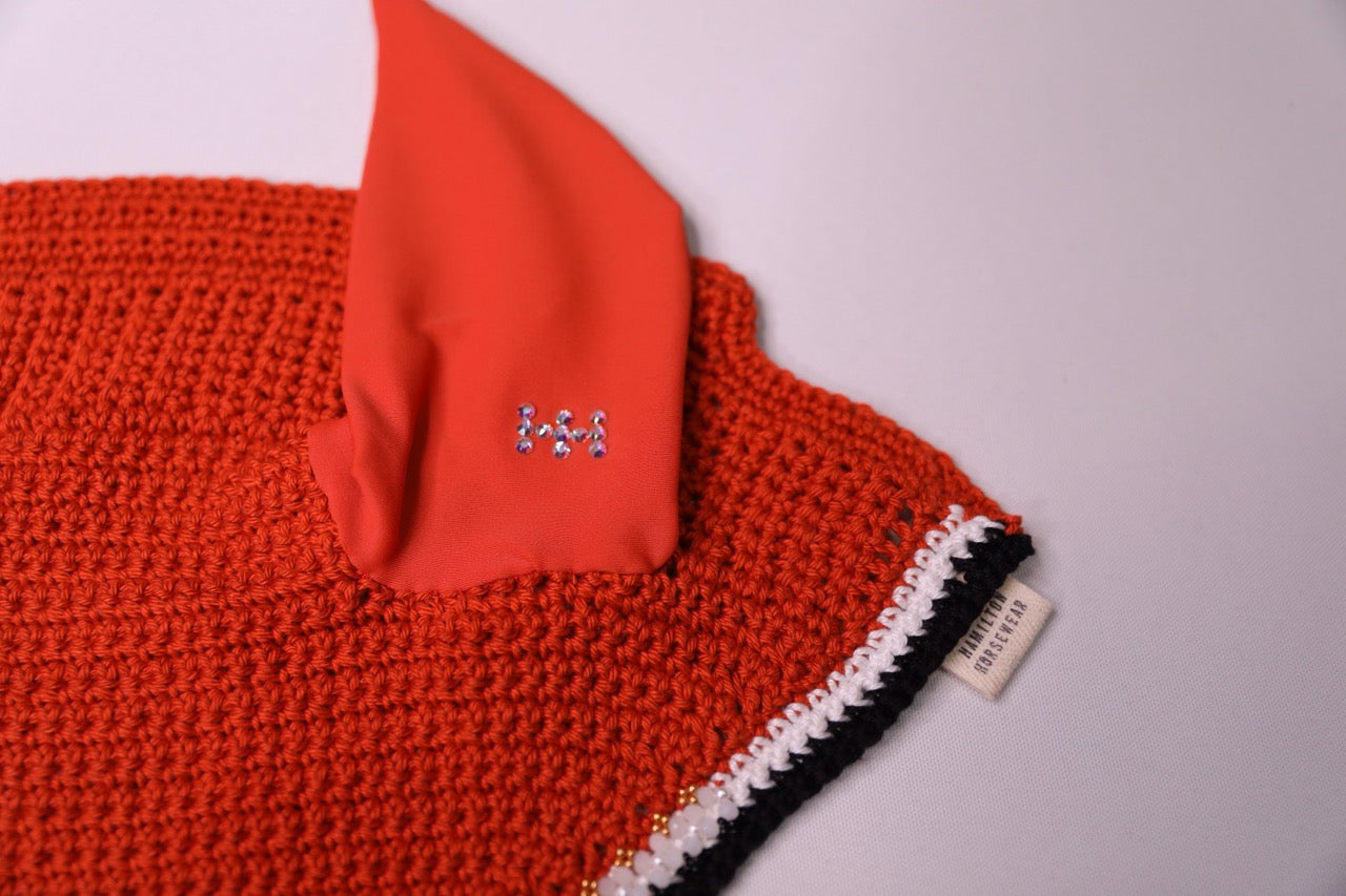 Varsity Edition Orange Horse Bonnet - Handmade crochet white and black trim with Swarovski crystals and hand beadwork with crystals.