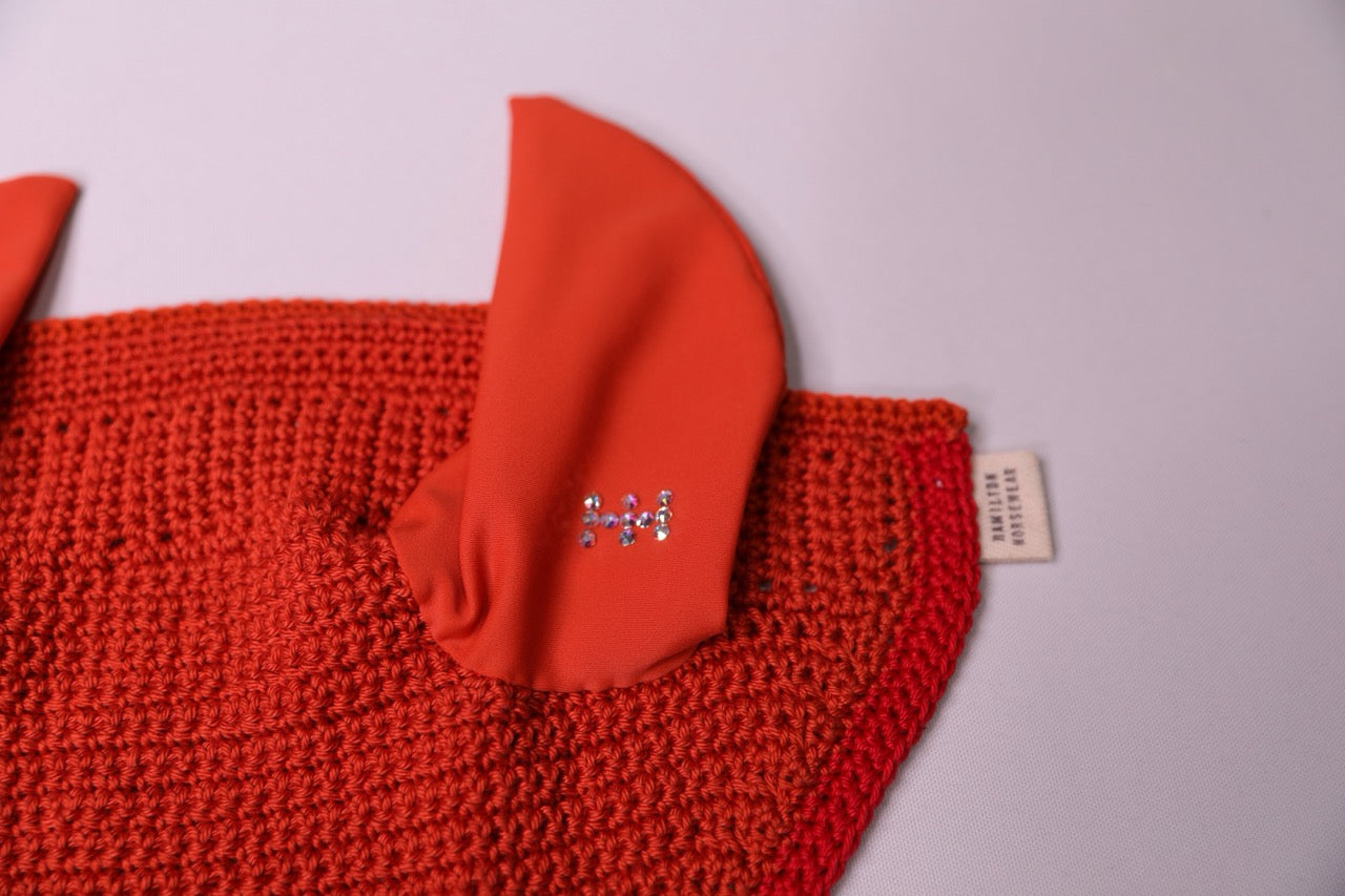 Orange Horse Bonnet - Handmade crochet red trim with Swarovski crystals.