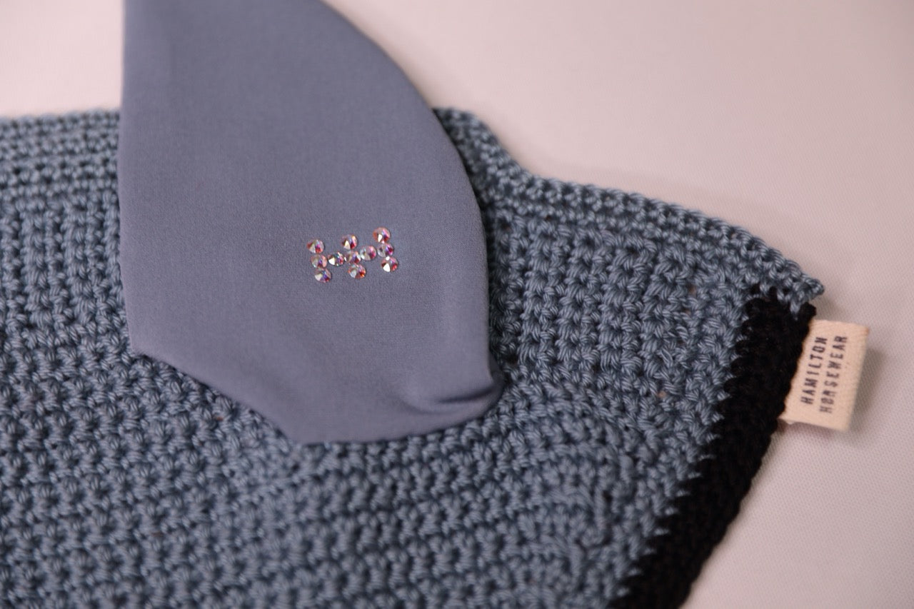 Seal Blue Horse Bonnet - Handmade crochet black trim with Swarovski crystals.