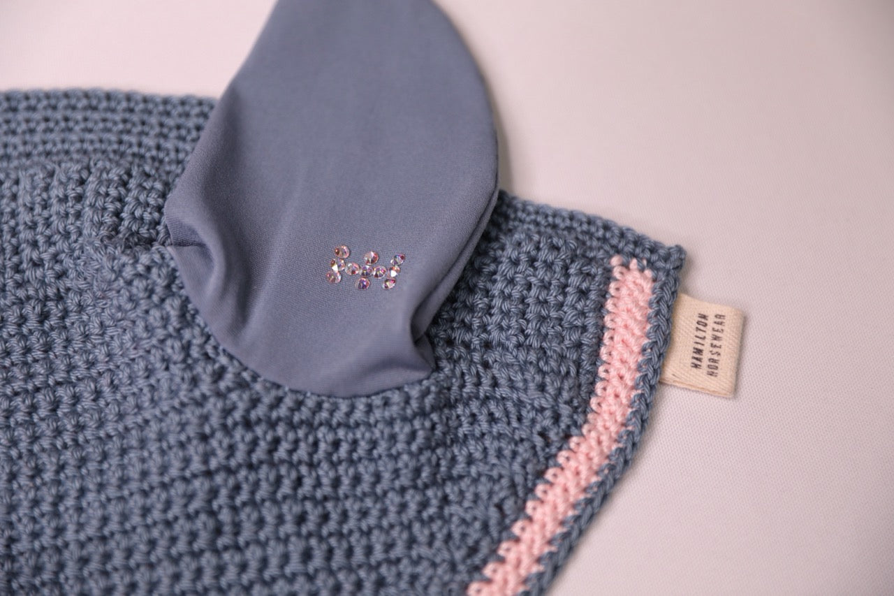 Seal Blue Horse Bonnet - Handmade crochet pink and seal blue trim with Swarovski crystals.
