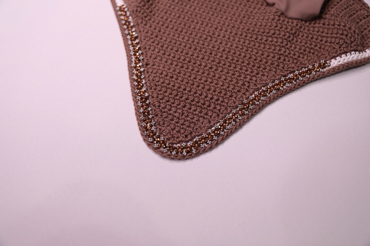 Espresso Horse Bonnet - Handmade crochet white and espresso trim with Swarovski crystals and hand beadwork with crystals.