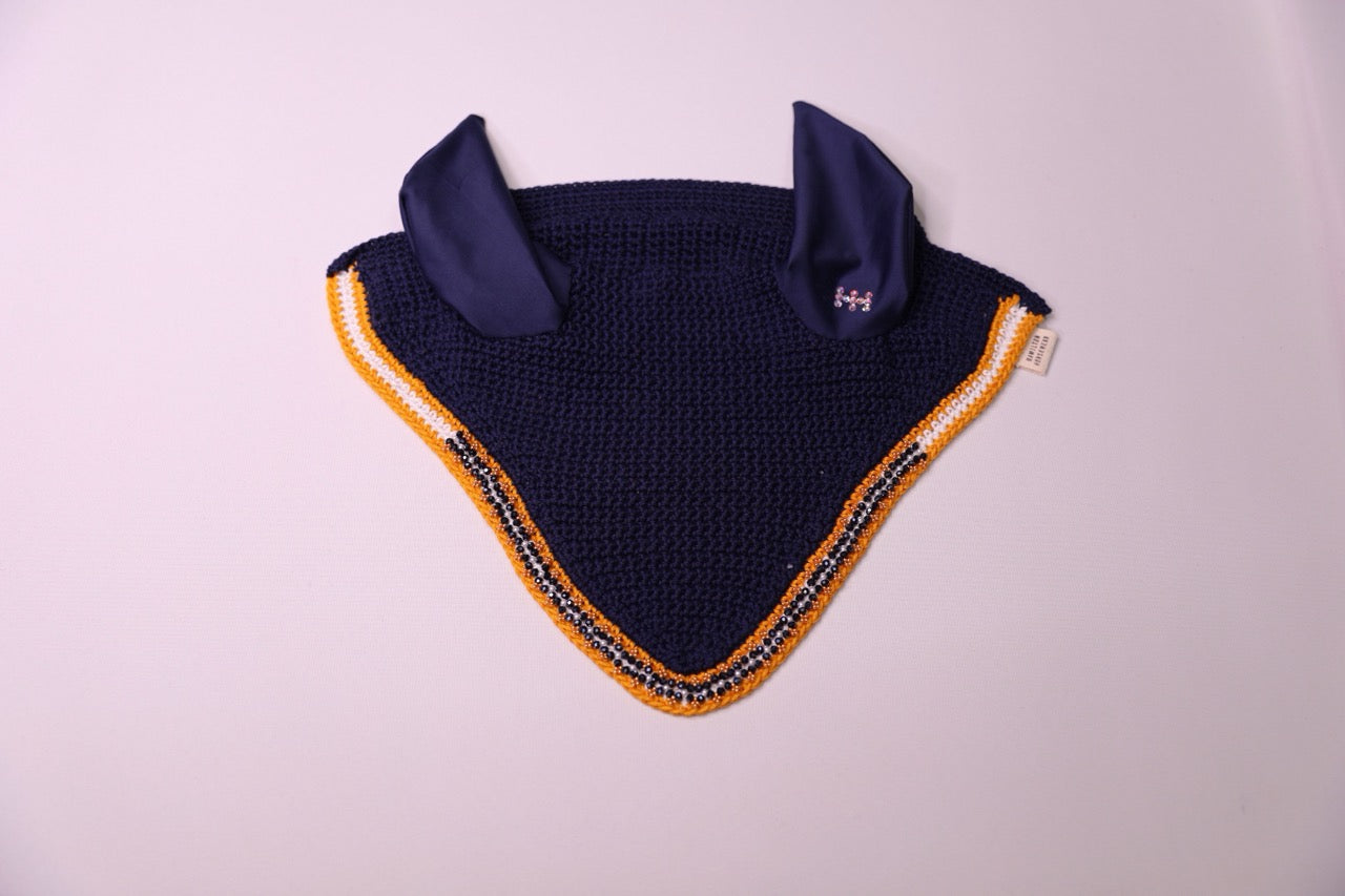 Navy Blue Horse Bonnet - Handmade crochet white and gold trim with Swarovski crystals and hand beadwork with crystals.