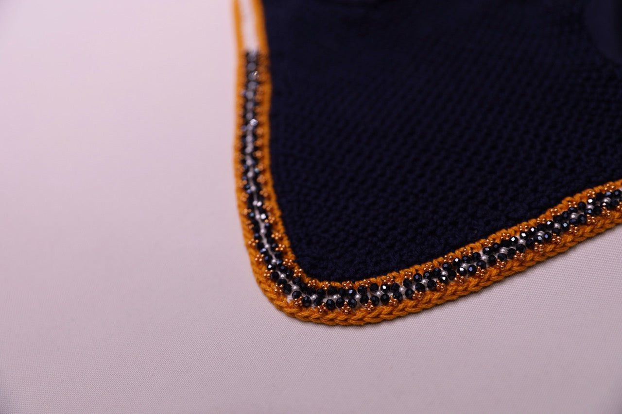 Navy Blue Horse Bonnet - Handmade crochet white and gold trim with Swarovski crystals and hand beadwork with crystals.