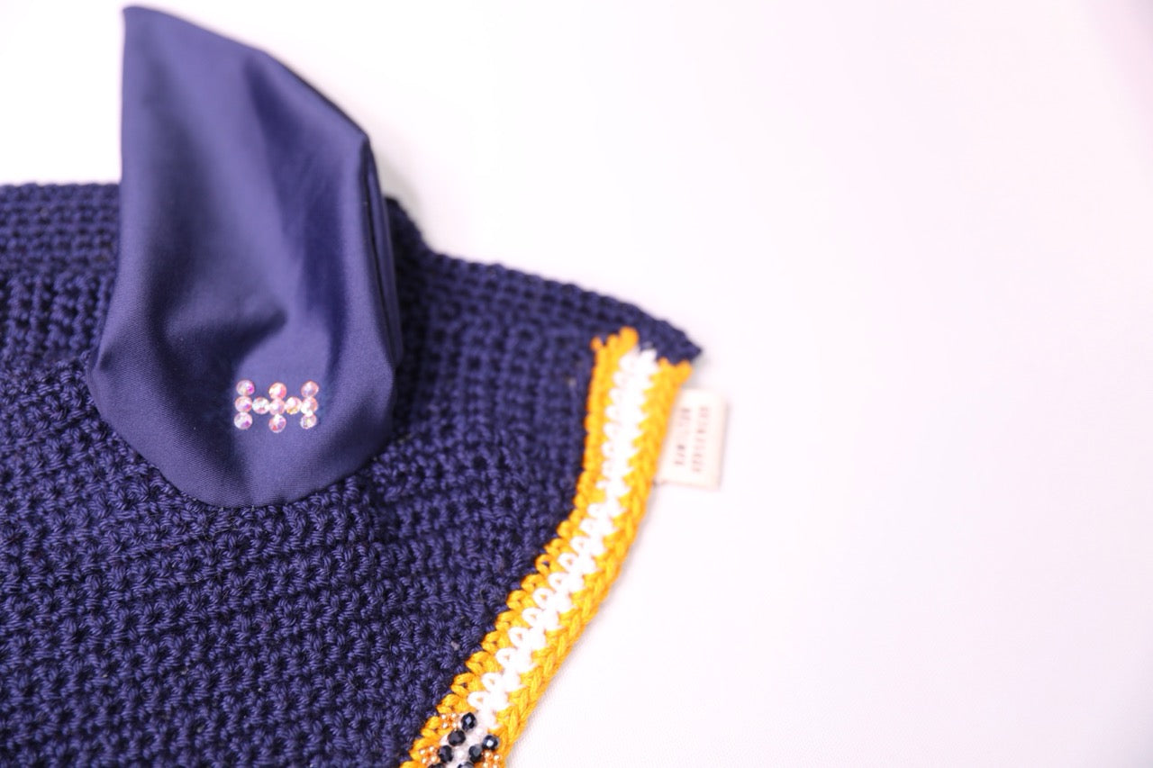 Navy Blue Horse Bonnet - Handmade crochet white and gold trim with Swarovski crystals and hand beadwork with crystals.
