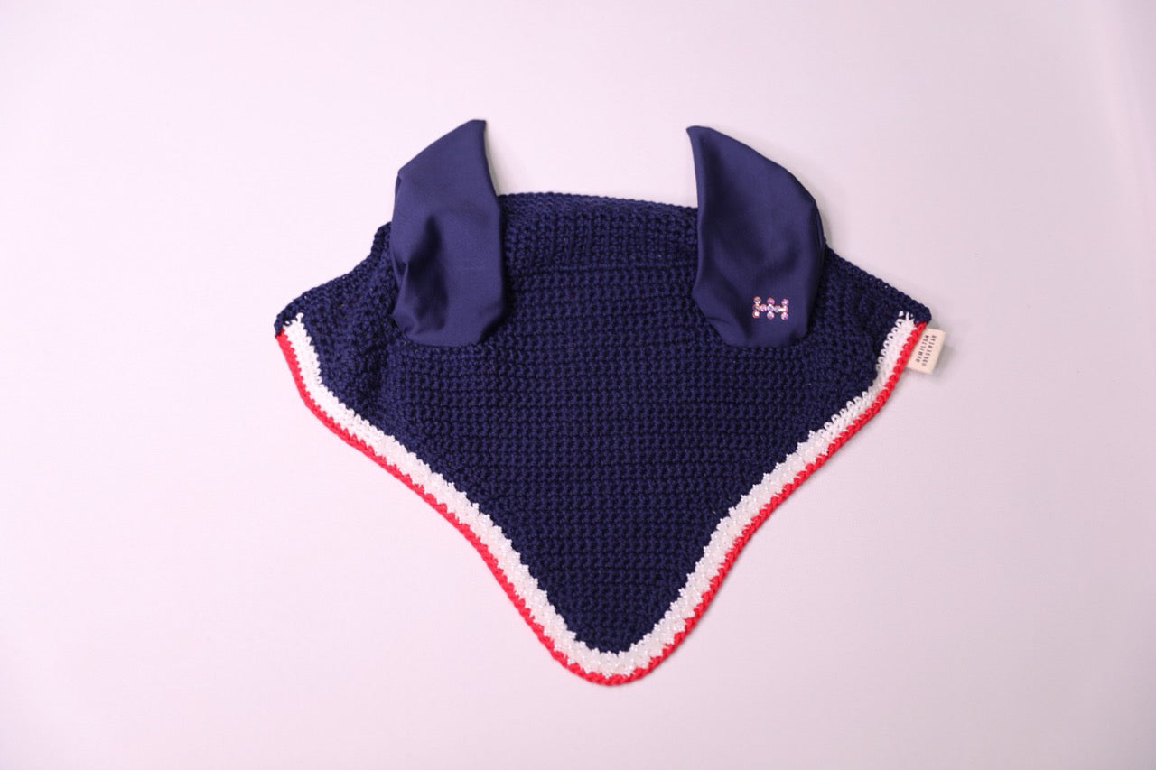 Navy Blue Horse Bonnet - Handmade crochet white and red trim with Swarovski crystals and hand beadwork with crystals.