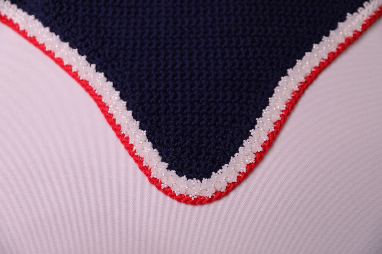 Navy Blue Horse Bonnet - Handmade crochet white and red trim with Swarovski crystals and hand beadwork with crystals.