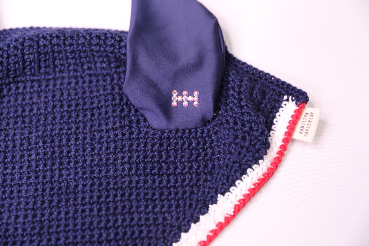 Navy Blue Horse Bonnet - Handmade crochet white and red trim with Swarovski crystals and hand beadwork with crystals.