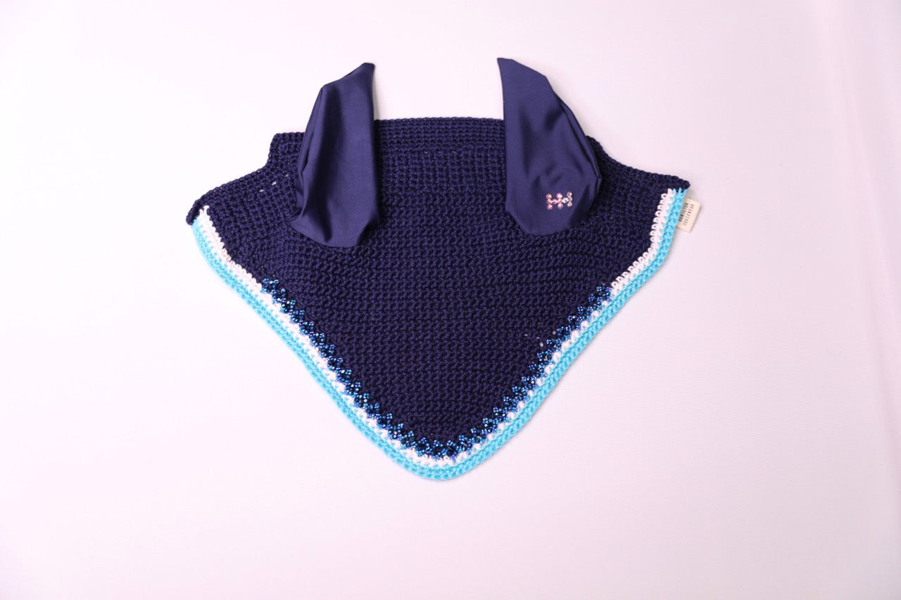 Navy Blue Horse Bonnet - Handmade crochet white and light blue trim with Swarovski crystals and hand beadwork with crystals.