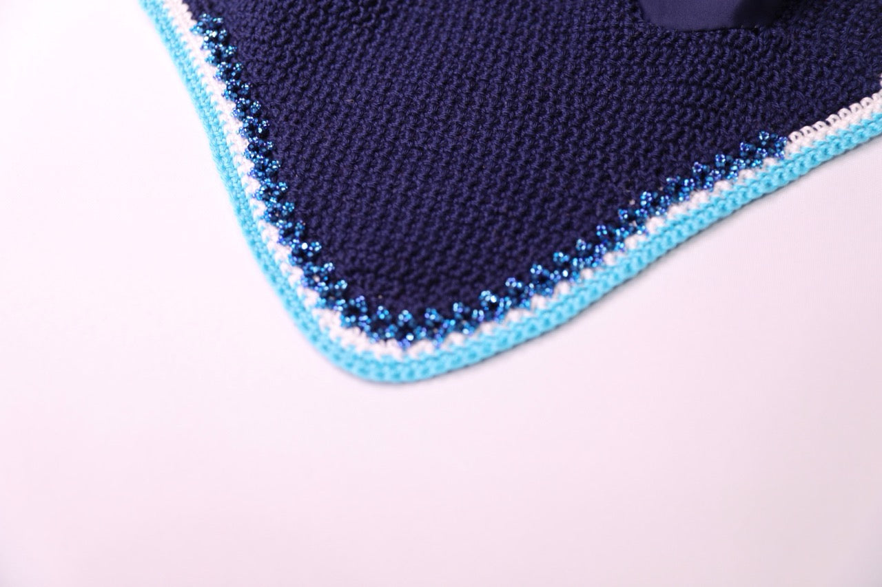 Navy Blue Horse Bonnet - Handmade crochet white and light blue trim with Swarovski crystals and hand beadwork with crystals.