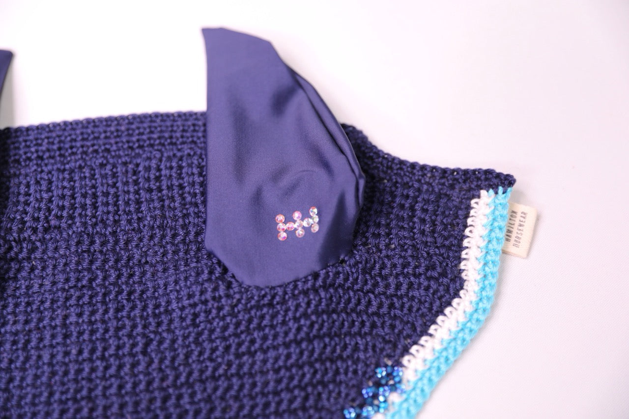 Navy Blue Horse Bonnet - Handmade crochet white and light blue trim with Swarovski crystals and hand beadwork with crystals.