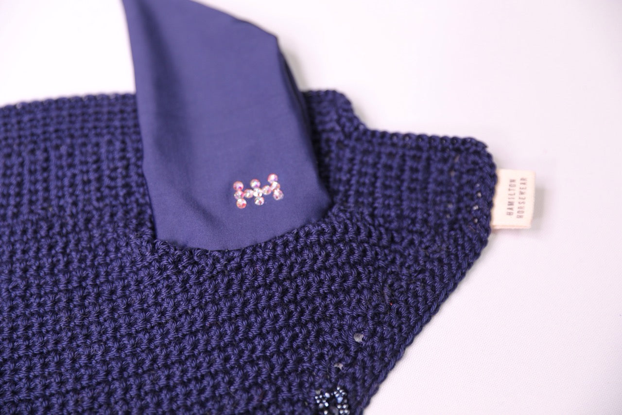 Navy Blue Horse Bonnet - Handmade crochet with Swarovski crystals and hand beadwork with crystals.