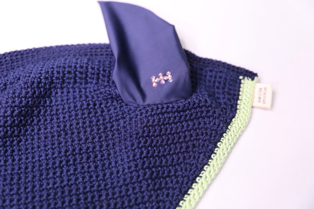 Navy Blue Horse Bonnet - Handmade crochet light green trim with Swarovski crystals.