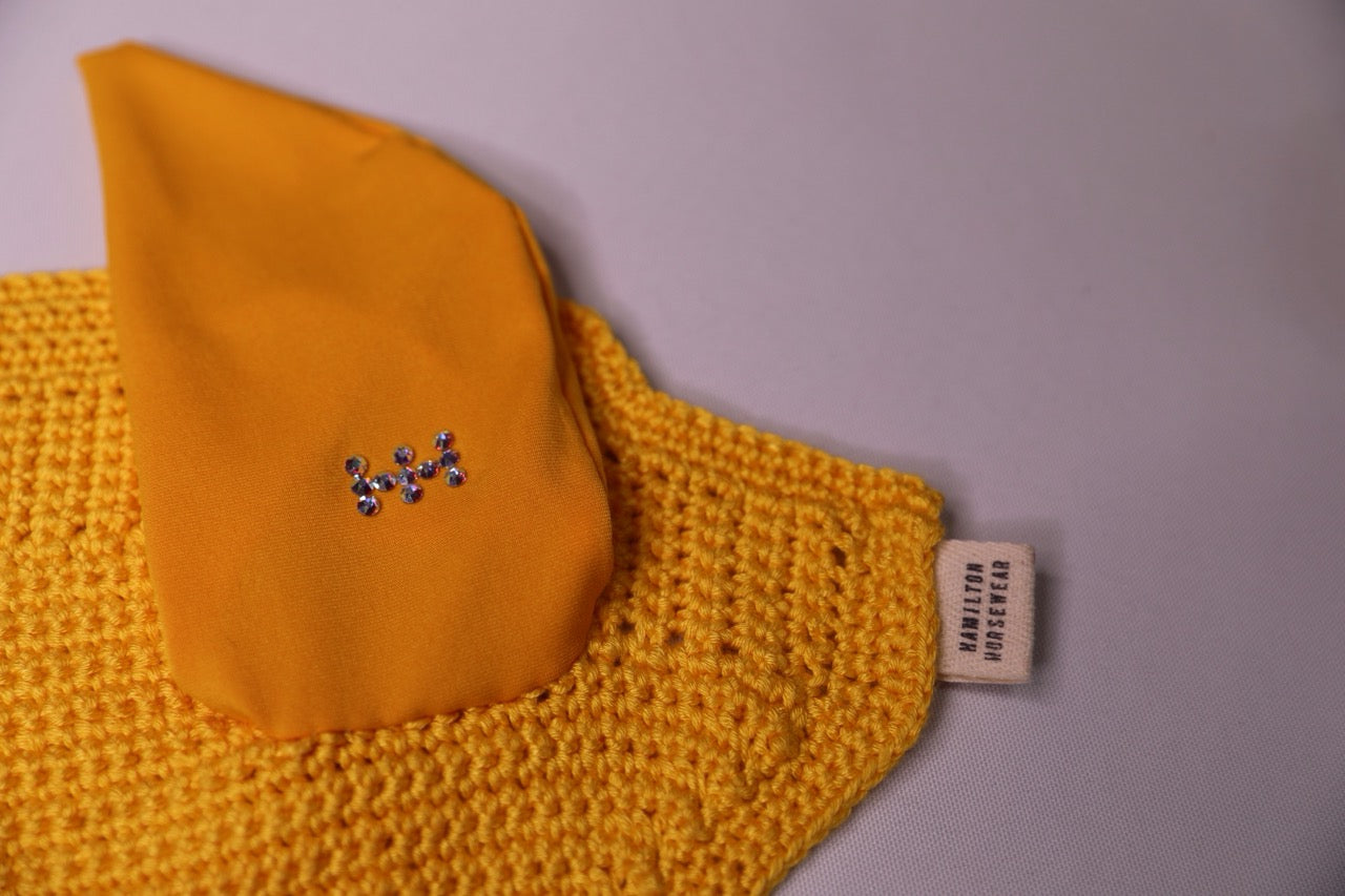 Tuscany Yellow Horse Bonnet - Handmade crochet with Swarovski crystals.