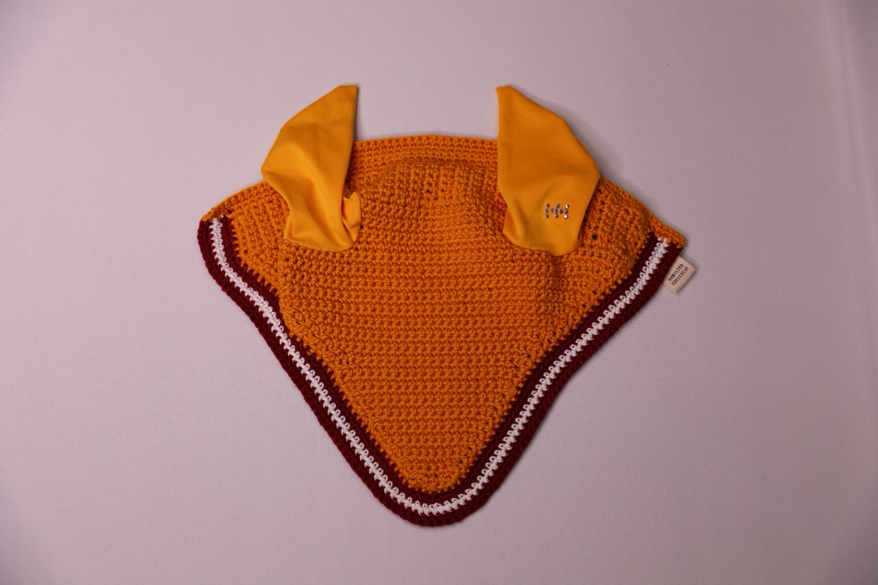 Varsity Edition Gold Horse Bonnet - Handmade crochet white and burgundy trim with Swarovski crystals.