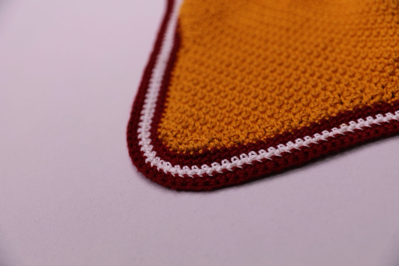 Varsity Edition Gold Horse Bonnet - Handmade crochet white and burgundy trim with Swarovski crystals.