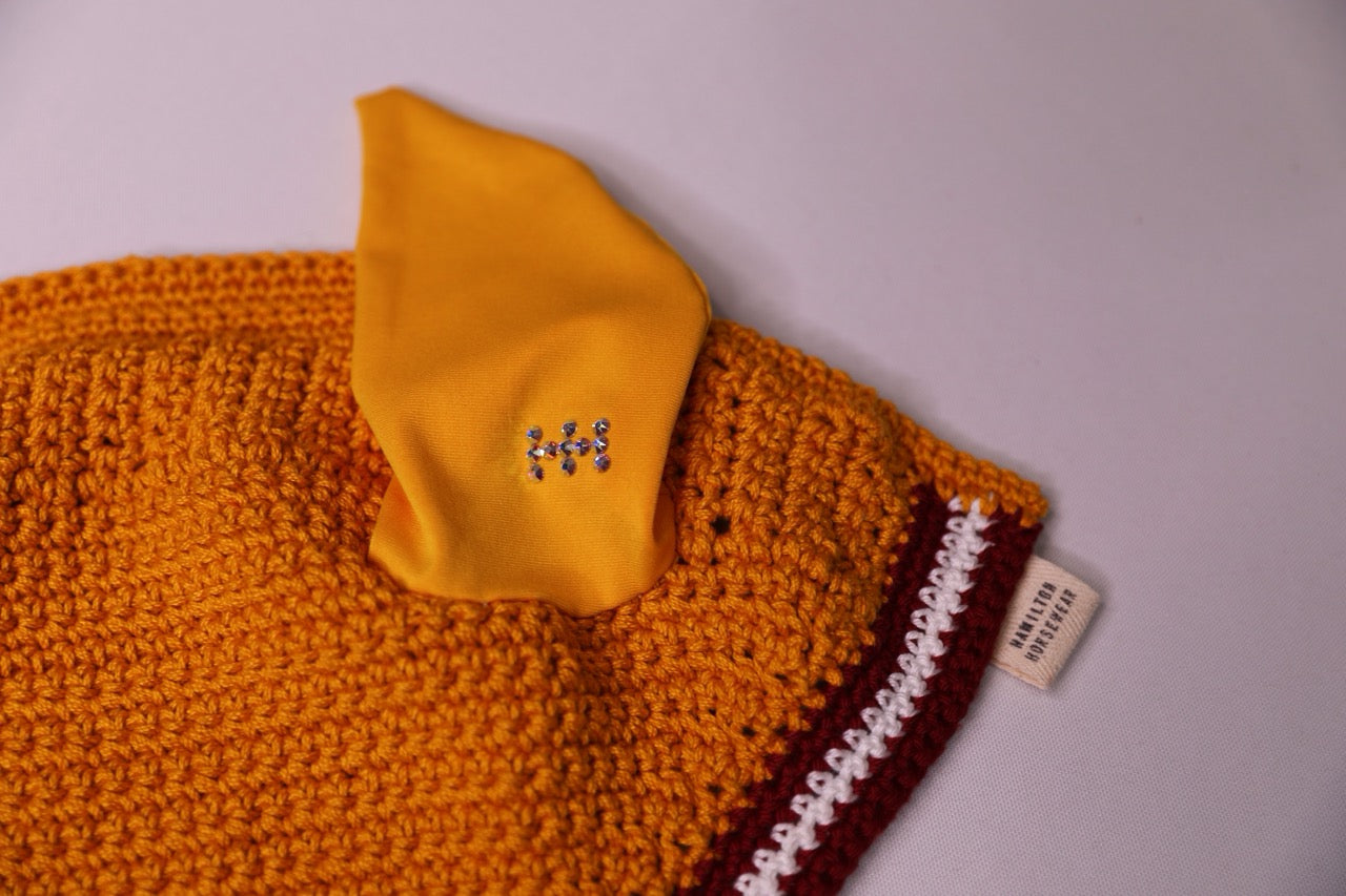 Varsity Edition Gold Horse Bonnet - Handmade crochet white and burgundy trim with Swarovski crystals.