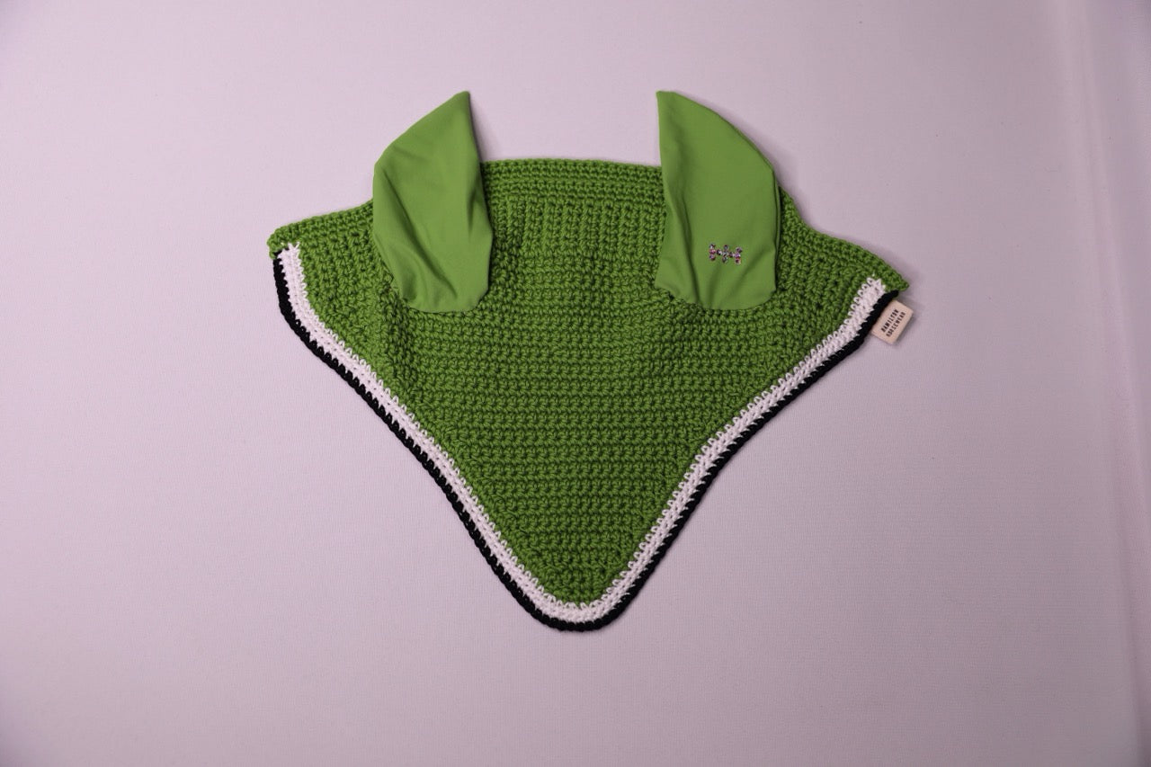 Varsity Edition Green Horse Bonnet - Handmade crochet white and black trim with Swarovski crystals.