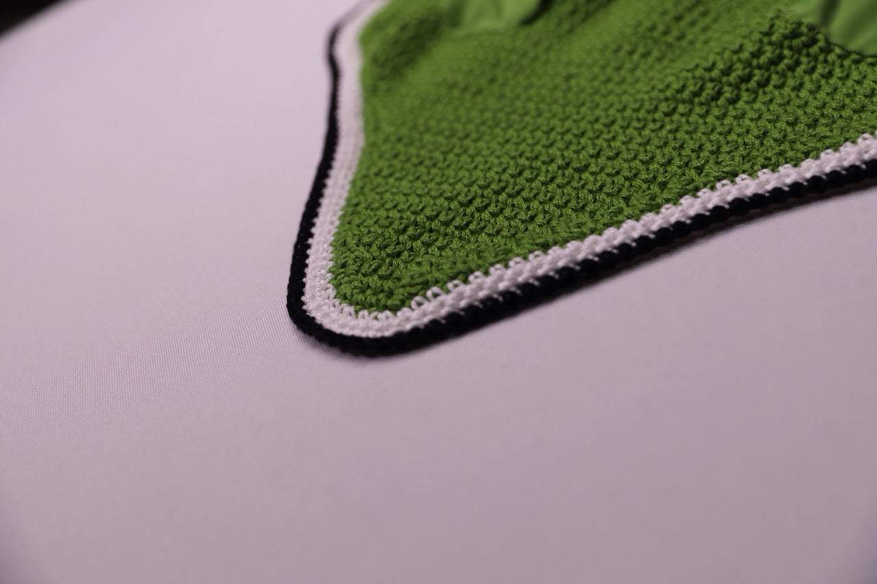 Varsity Edition Green Horse Bonnet - Handmade crochet white and black trim with Swarovski crystals.