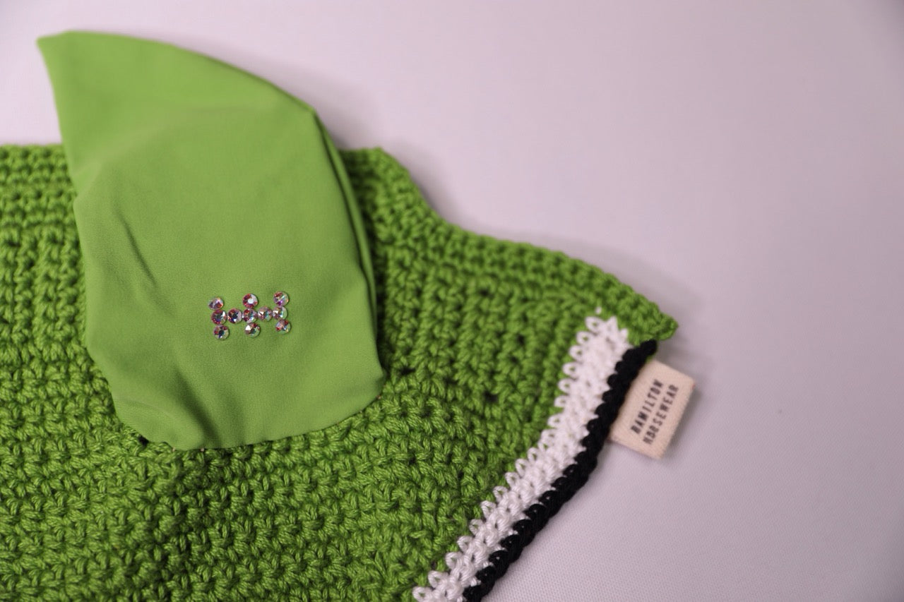 Varsity Edition Green Horse Bonnet - Handmade crochet white and black trim with Swarovski crystals.