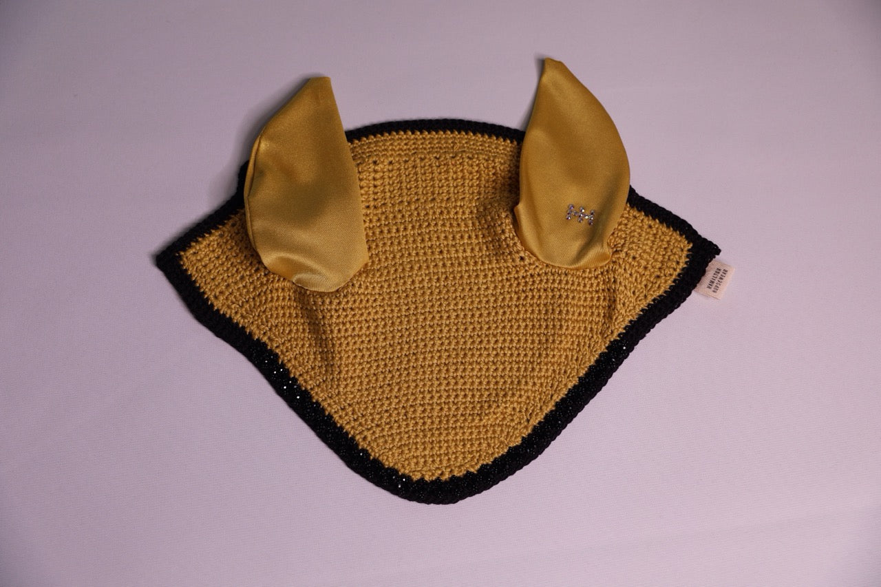 Gold Horse size fly bonnet black trim with Swarovski crystals and hand beadwork with crystals.