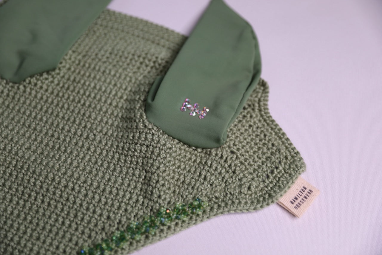 Sage Horse Bonnet with Swarovski crystals and hand beadwork with crystals.
