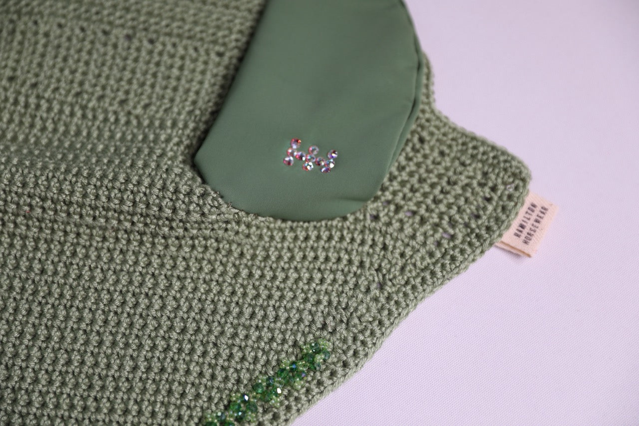Sage Horse Bonnet with Swarovski crystals and hand beadwork with crystals.