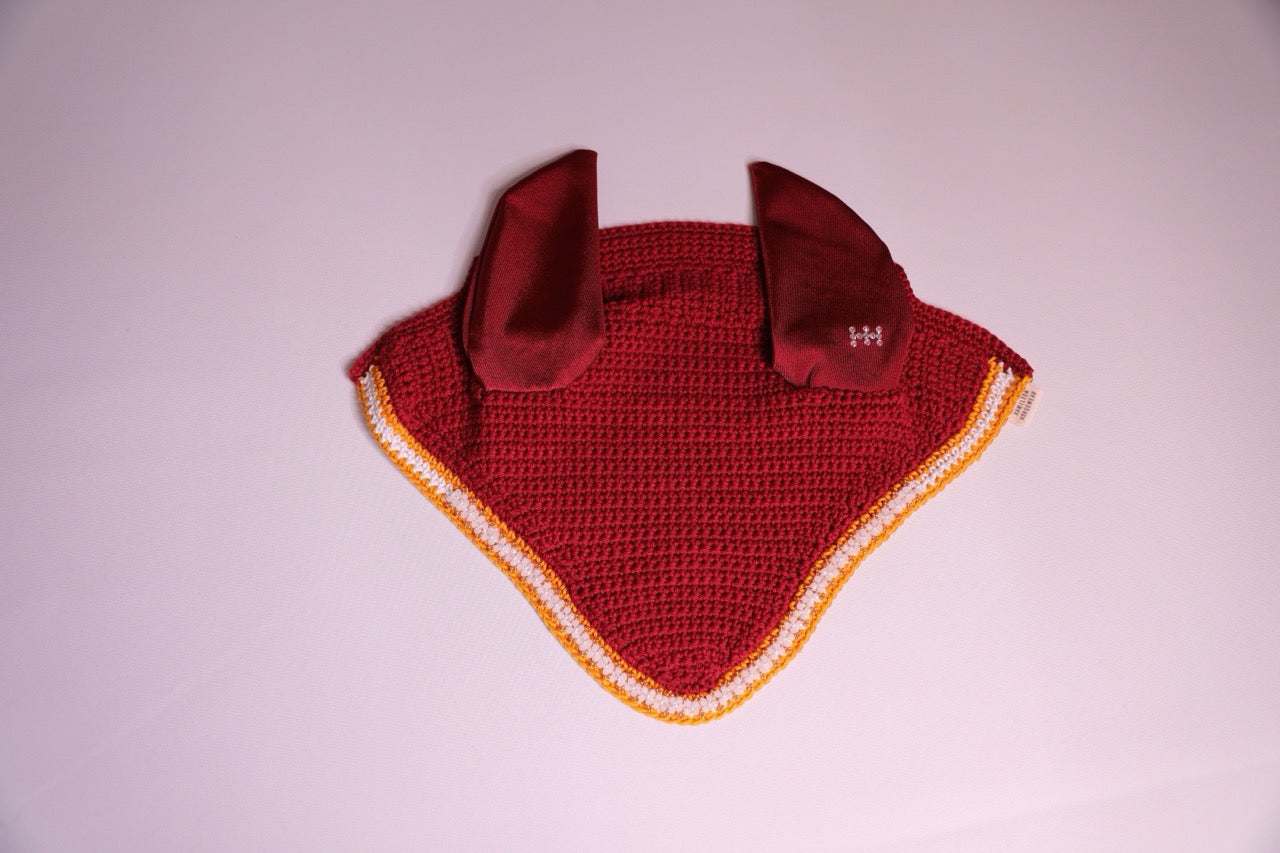 Burgundy Horse Bonnet - Handmade crochet white and yellow trim with Swarovski crystals and hand beadwork with crystals.