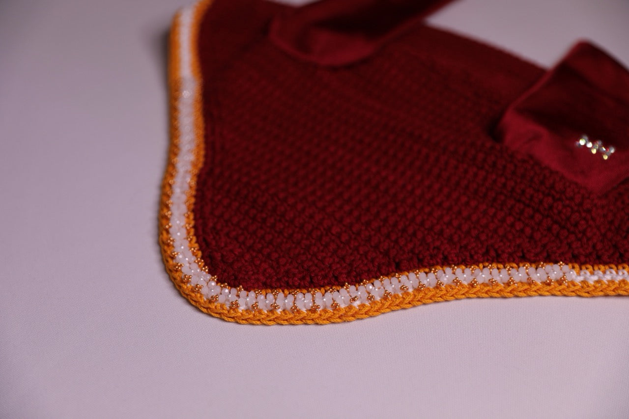 Burgundy Horse Bonnet - Handmade crochet white and yellow trim with Swarovski crystals and hand beadwork with crystals.