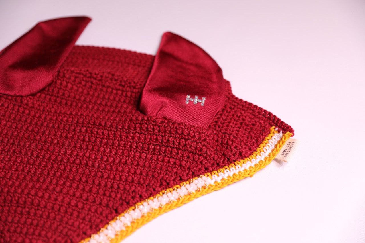 Burgundy Horse Bonnet - Handmade crochet white and yellow trim with Swarovski crystals and hand beadwork with crystals.