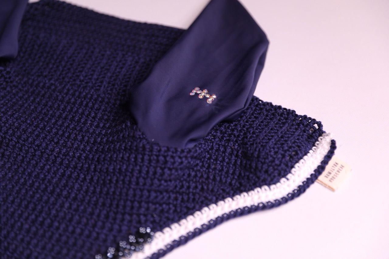 Navy Blue Horse Bonnet Tie Down - Handmade crochet white and navy blue trim with Swarovski crystals and hand beadwork with crystals.