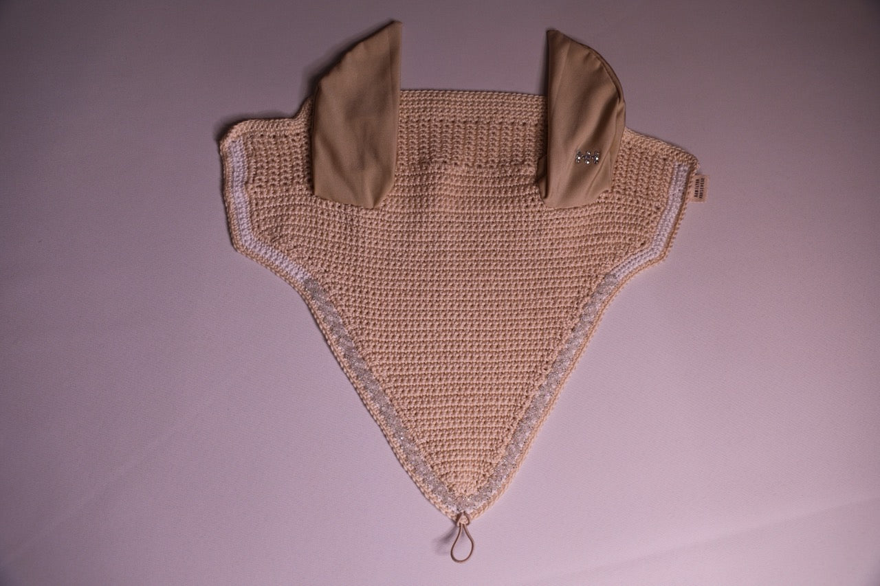 Champagne Horse Bonnet Tie Down - Handmade crochet white and champagne trim with Swarovski crystals and hand beadwork with crystals.